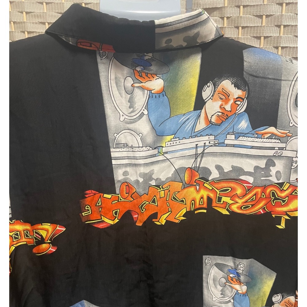 Up Rock Mens XL DJ Graffiti All Over Print Button Down Shirt Short Sleeve Black - Picture 4 of 7